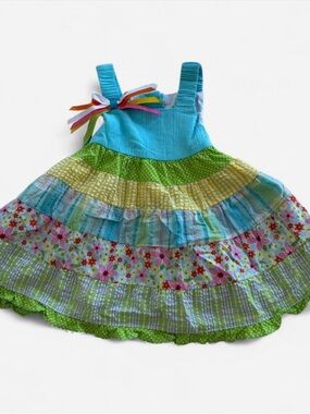 Rare Editions Aqua Tiered Dress with Rainbow Ribbon